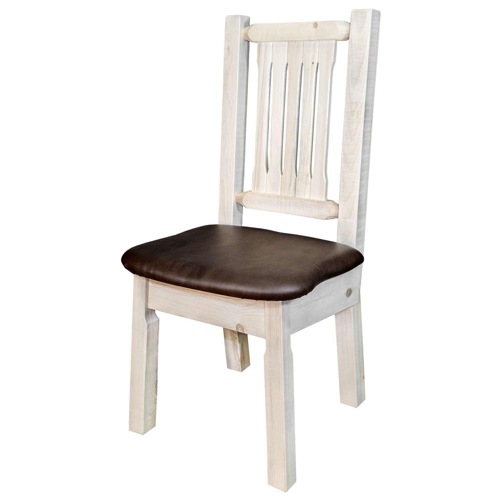 Homestead Collection Side Chair, Clear Lacquer Finish w/ Upholstered Seat, Saddle Pattern. Picture 2