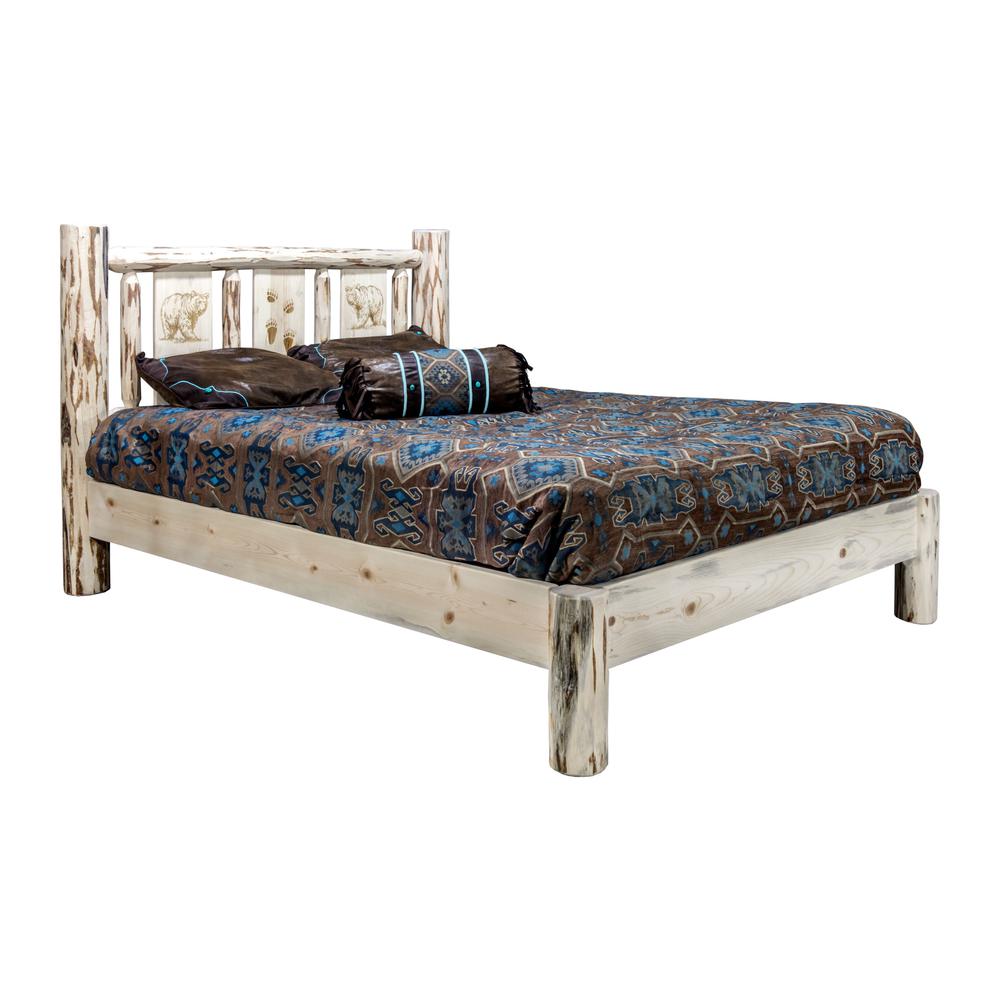 Montana Collection Queen Platform Bed w/ Laser Engraved Bear Design, Clear Lacquer Finish. Picture 1