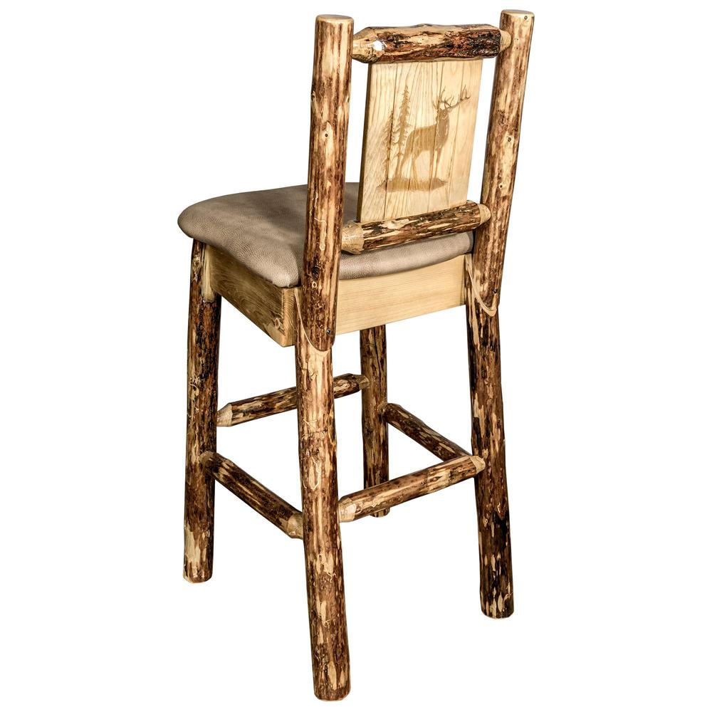 Glacier Country Collection Counter Height Barstool w/ Back - Buckskin Upholstery, w/ Laser Engraved Elk Design. Picture 1