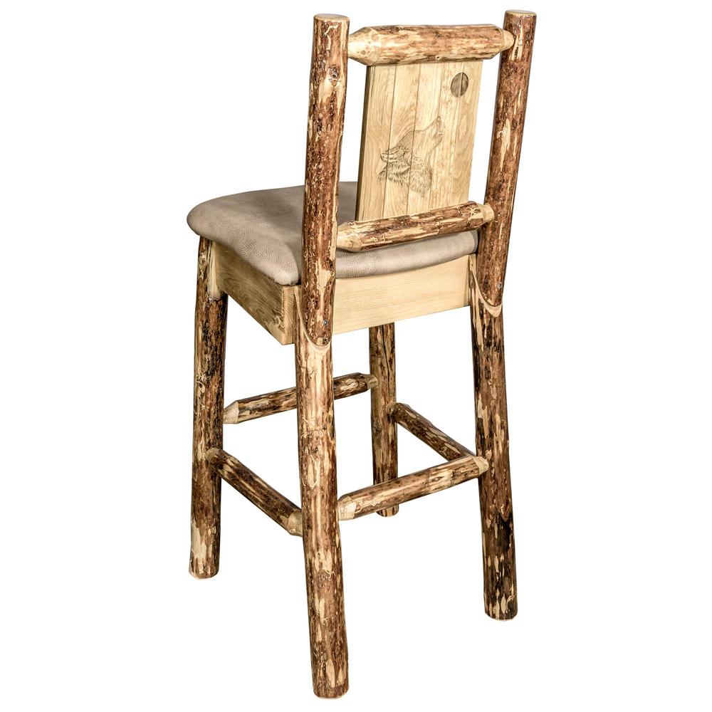 Glacier Country Collection Counter Height Barstool w/ Back - Buckskin Upholstery, w/ Laser Engraved Wolf Design. Picture 1