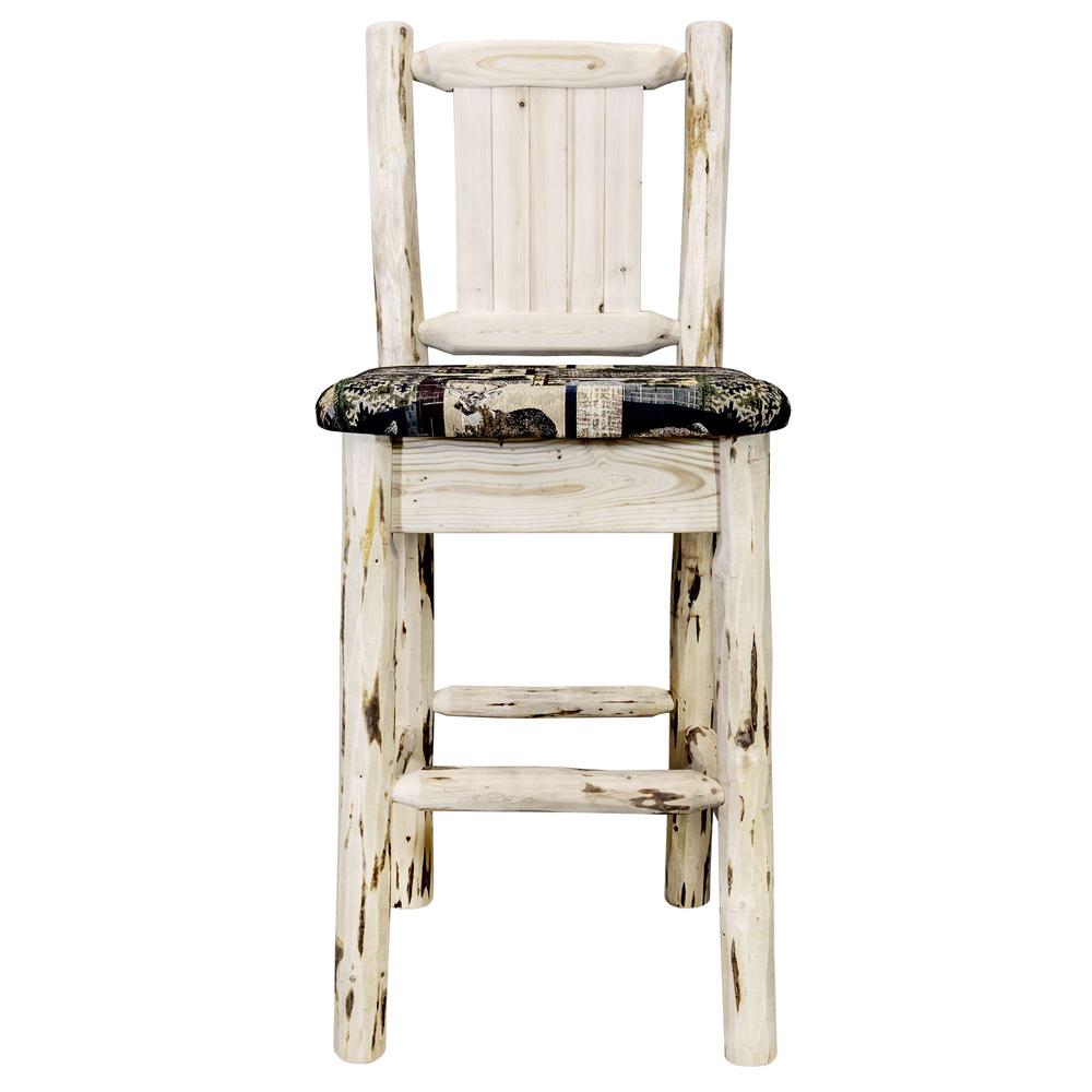 Montana Collection Barstool w/ Back - Woodland Upholstery, w/ Laser Engraved Pine Tree Design, Clear Lacquer Finish. Picture 4