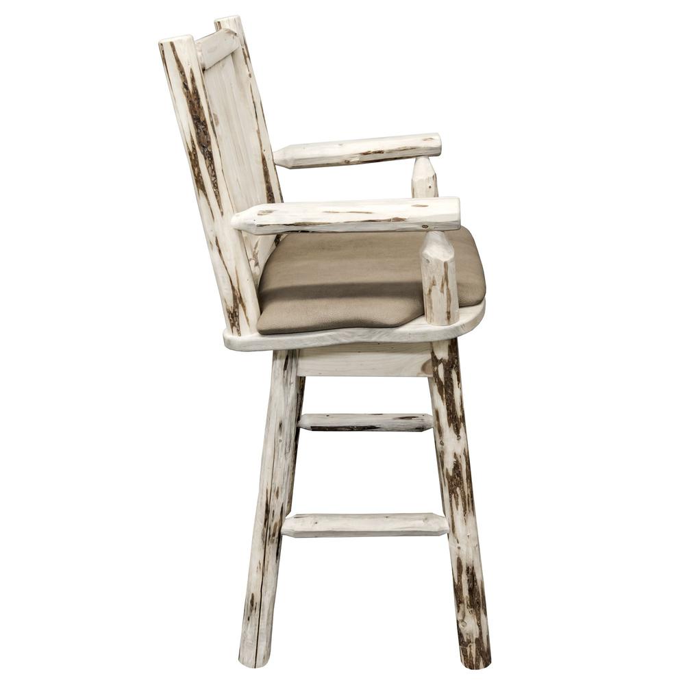 Montana Collection Captain's Barstool w/ Back & Swivel, Clear Lacquer Finish w/ Upholstered Seat, Buckskin Pattern. Picture 4