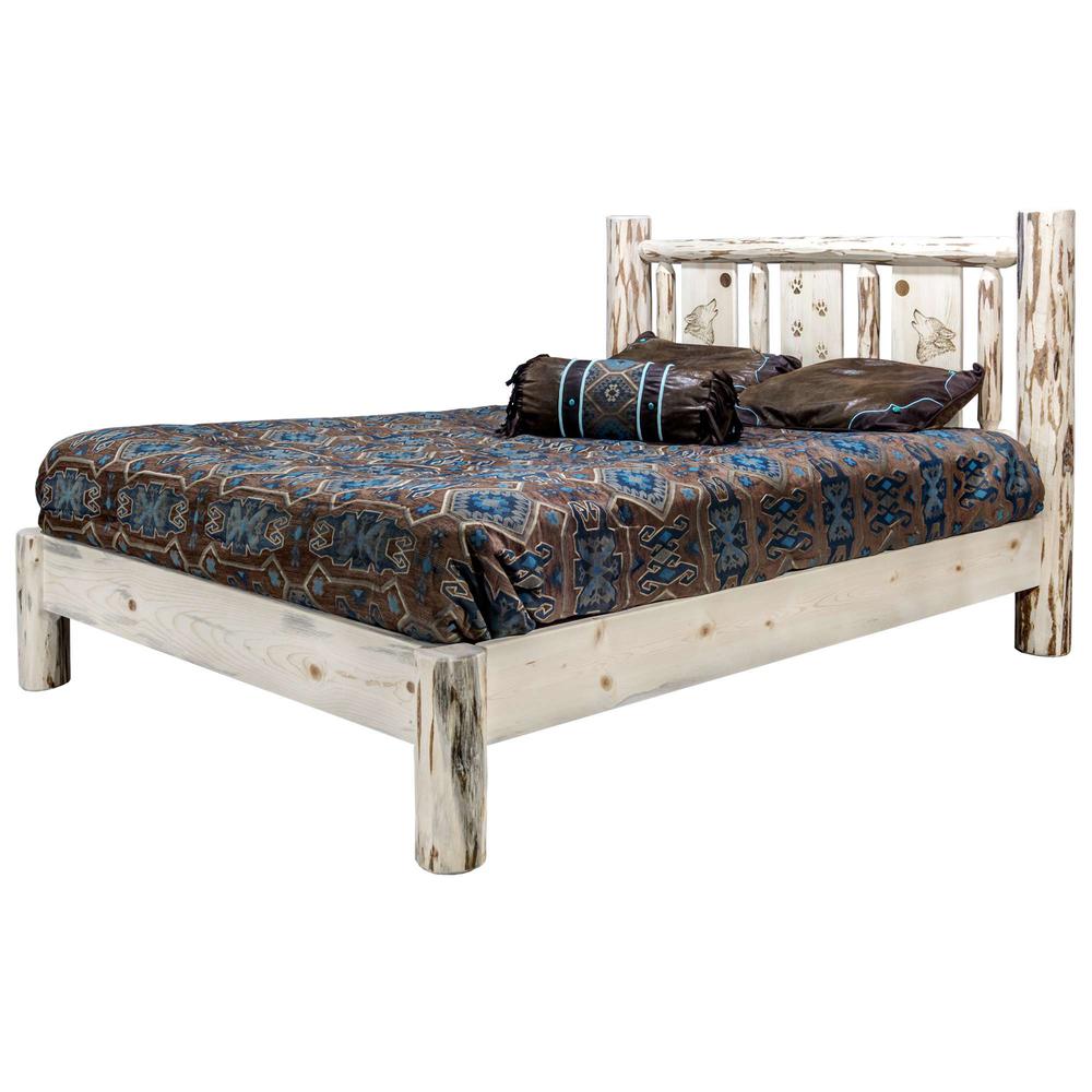 Montana Collection King Platform Bed w/ Laser Engraved Wolf Design, Clear Lacquer Finish. Picture 3