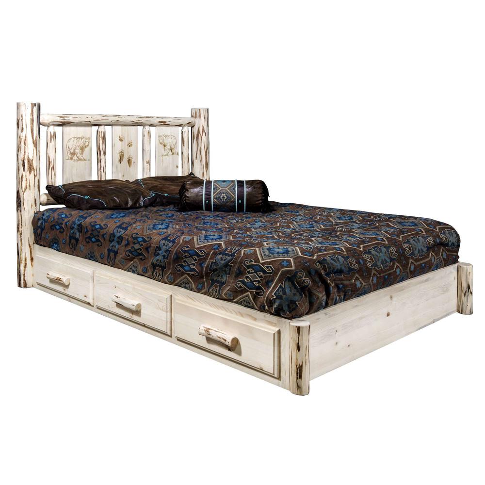 Montana Collection Platform Bed w/ Storage, Twin w/ Laser Engraved Bear Design, Clear Lacquer Finish. Picture 1