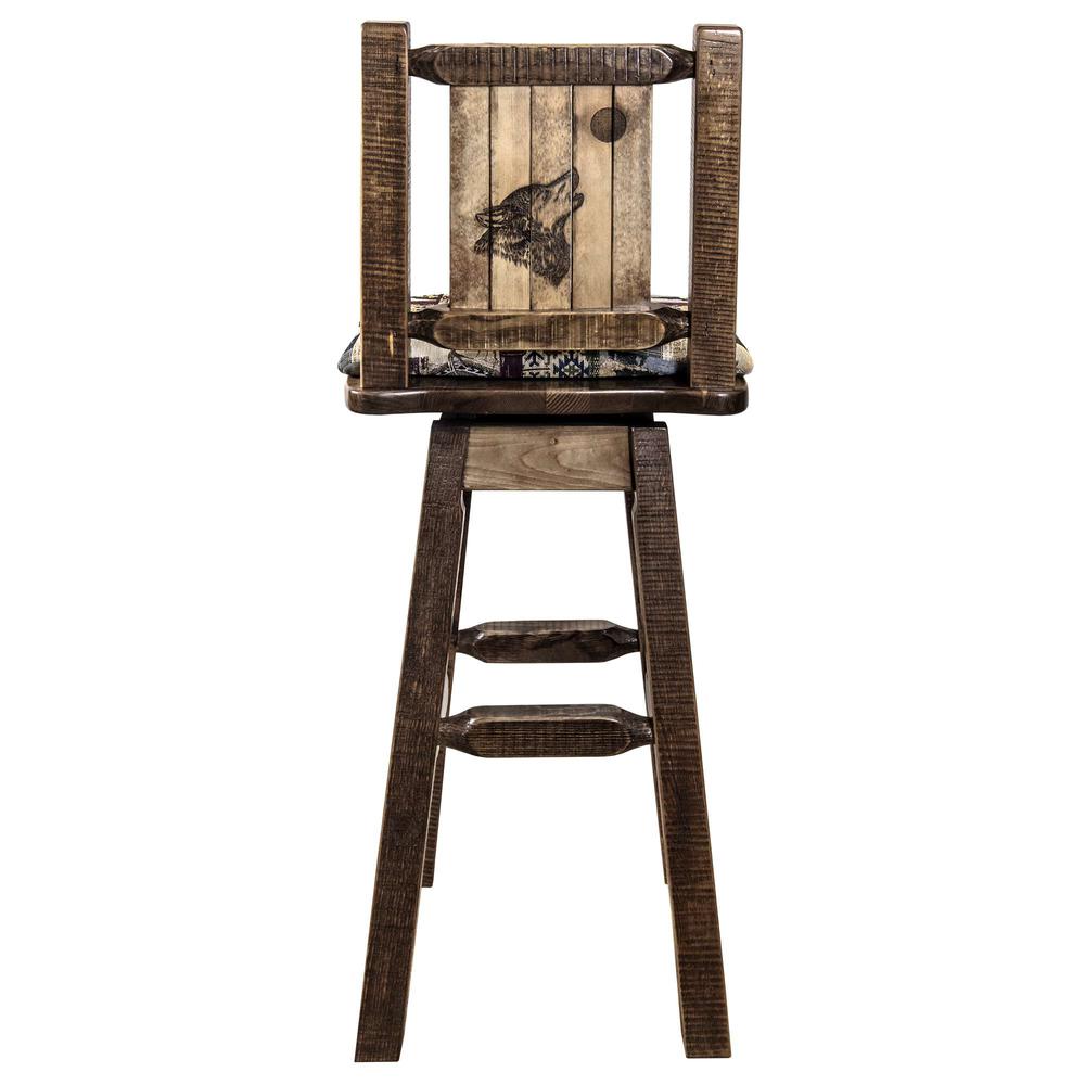 Homestead Collection Counter Height Barstool w/ Back & Swivel, Woodland Upholstery w/ Laser Engraved Wolf Design. Picture 2