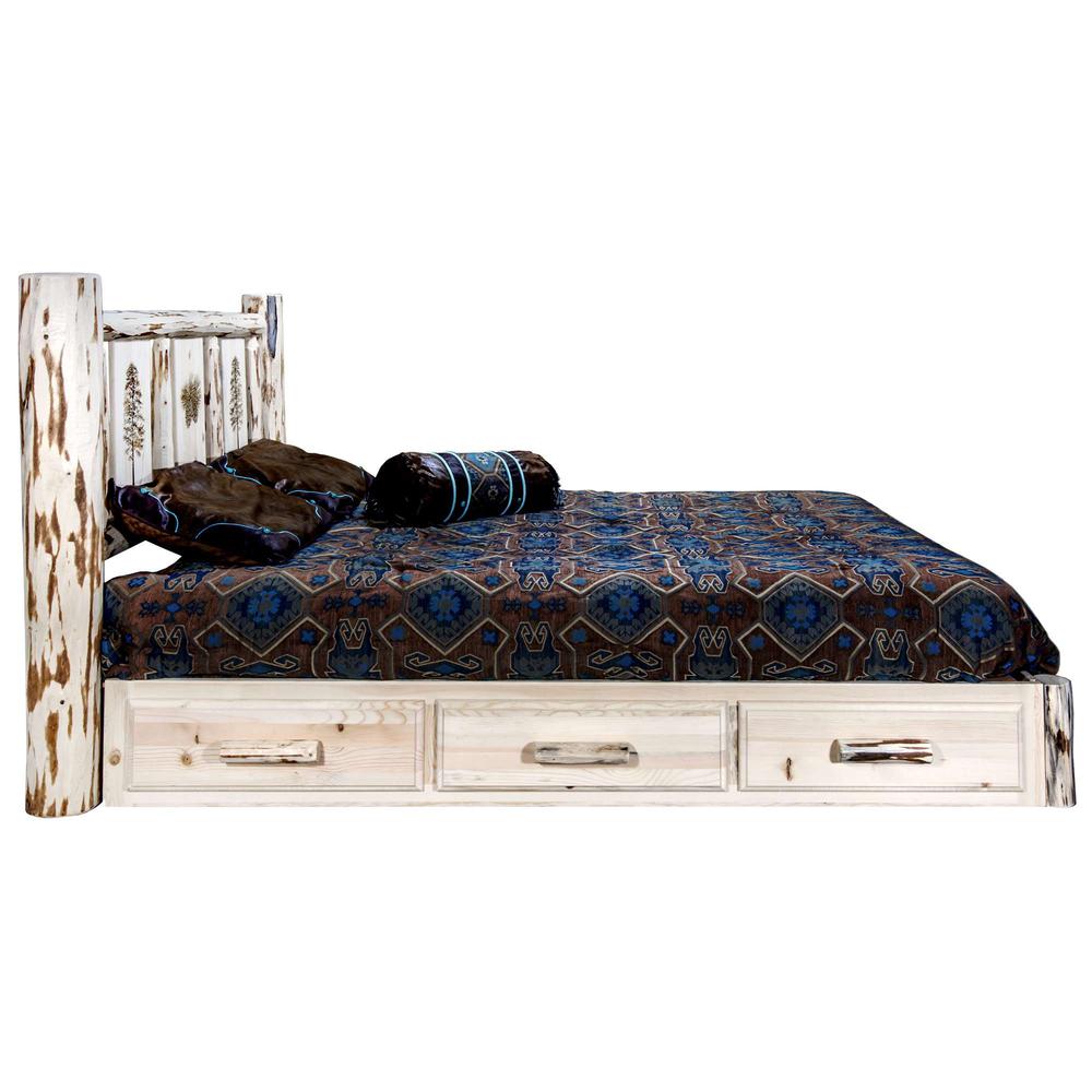 Montana Collection Platform Bed w/ Storage, Queen w/ Laser Engraved Pine Design, Clear Lacquer Finish. Picture 4