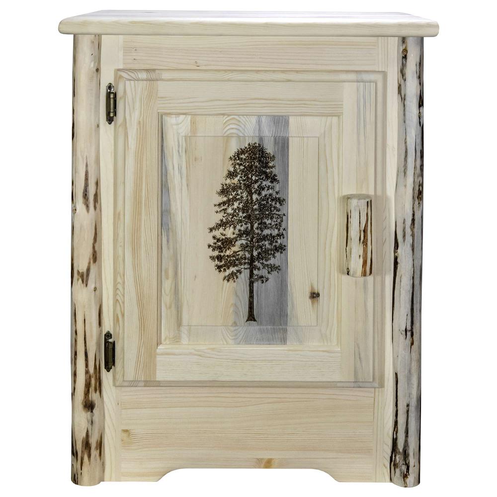Montana Collection Accent Cabinet w/ Laser Engraved Pine Design, Left Hinged, Clear Lacquer Finish. Picture 2