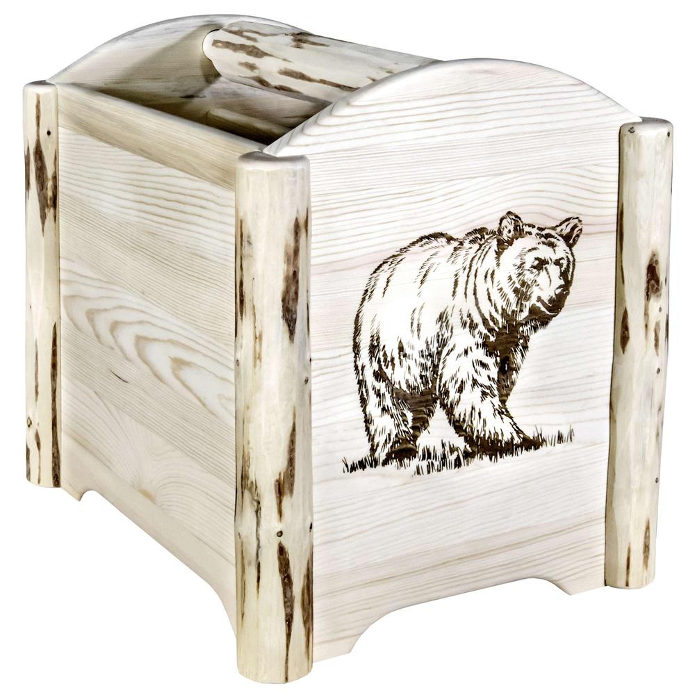 Montana Collection Magazine Rack w/ Laser Engraved Bear Design, Clear Lacquer Finish. Picture 1