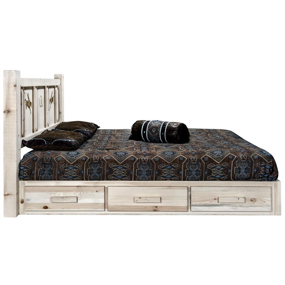 Homestead Collection Platform Bed w/ Storage, California King w/ Laser Engraved Bronc Design, Clear Lacquer Finish. Picture 4