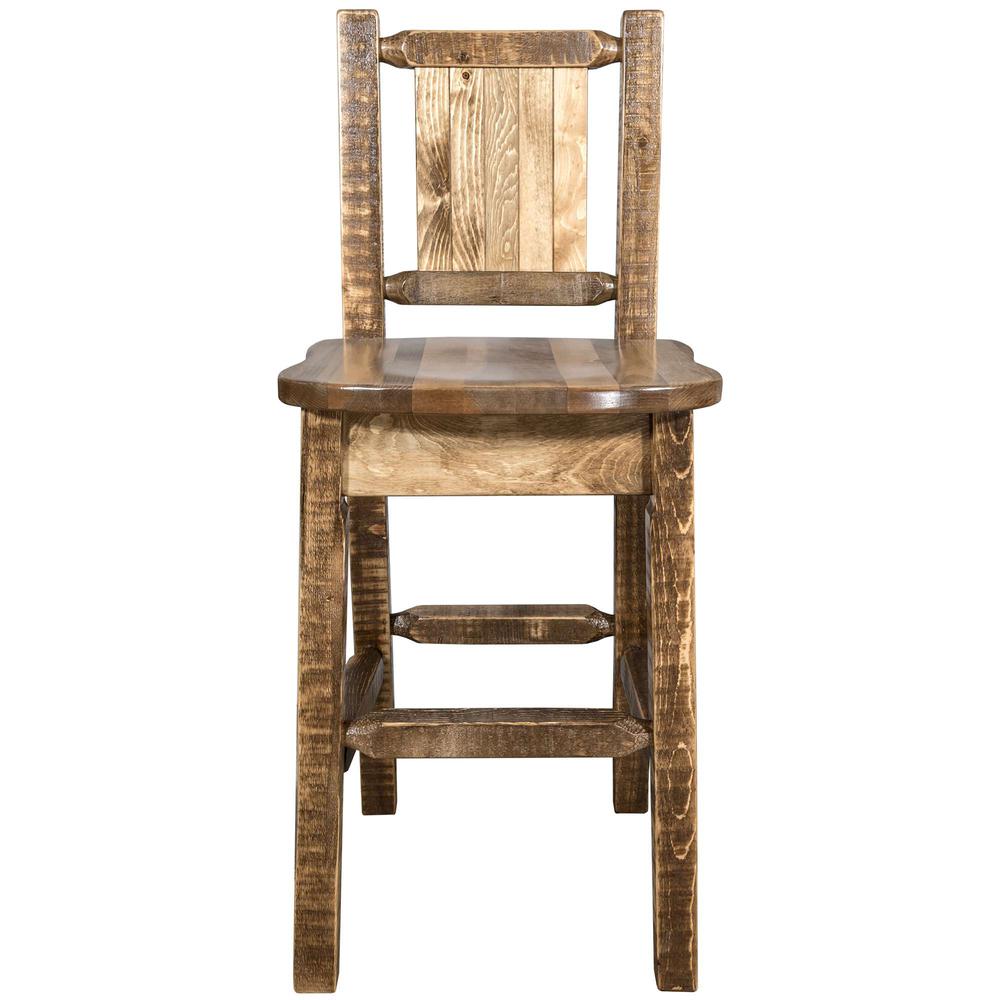 Homestead Collection Counter Height Barstool w/ Back, w/ Laser Engraved Elk Design, Stain & Lacquer Finish. Picture 4
