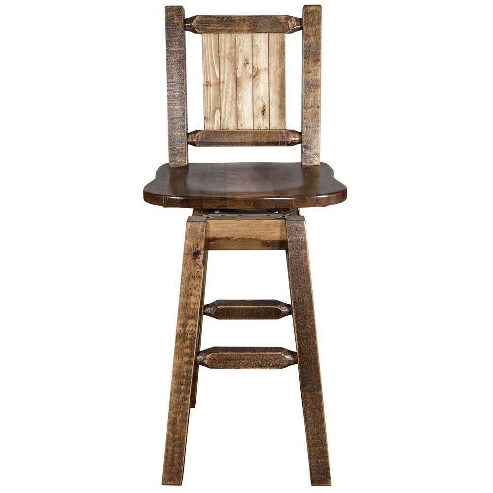 Homestead Collection Counter Height Barstool w/ Back & Swivel w/ Laser Engraved Bronc Design, Stain & Lacquer Finish. Picture 4