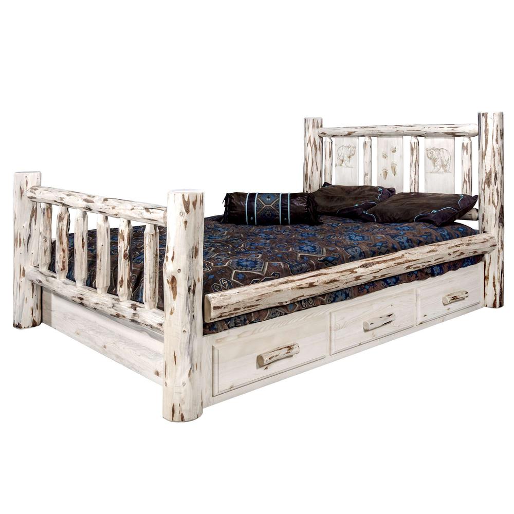 Montana Collection Twin Storage Bed w/ Laser Engraved Bear Design, Clear Lacquer Finish. Picture 3
