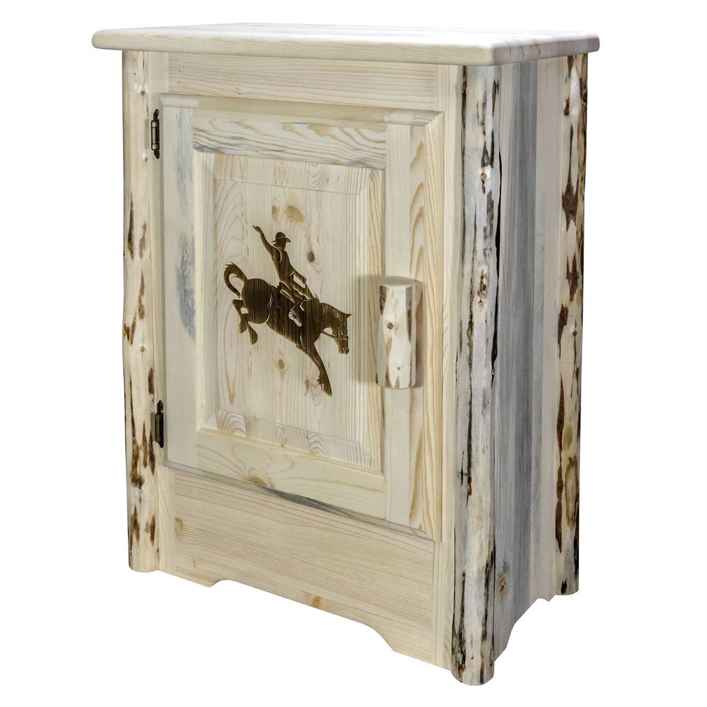 Montana Collection Accent Cabinet w/ Laser Engraved Bronc Design, Left Hinged, Clear Lacquer Finish. Picture 3