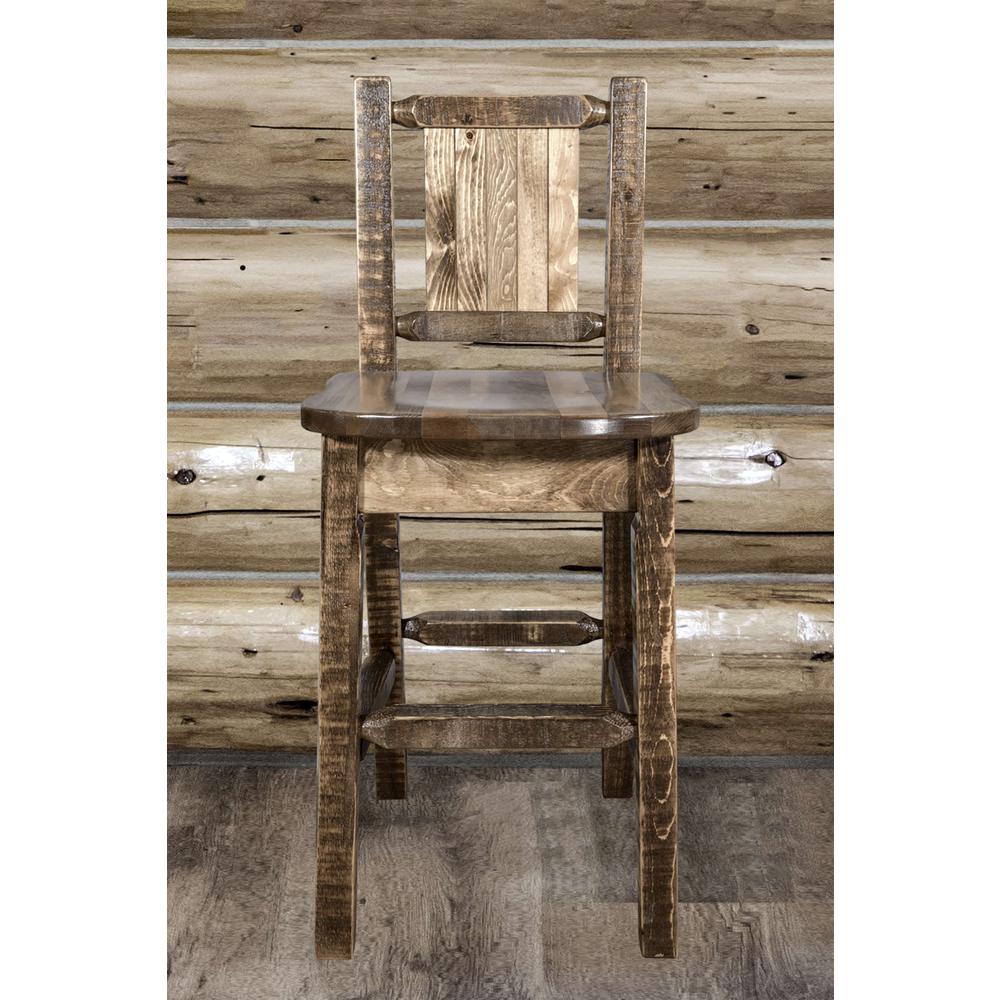 Homestead Collection Counter Height Barstool w/ Back, w/ Laser Engraved Pine Tree Design, Stain & Lacquer Finish. Picture 9
