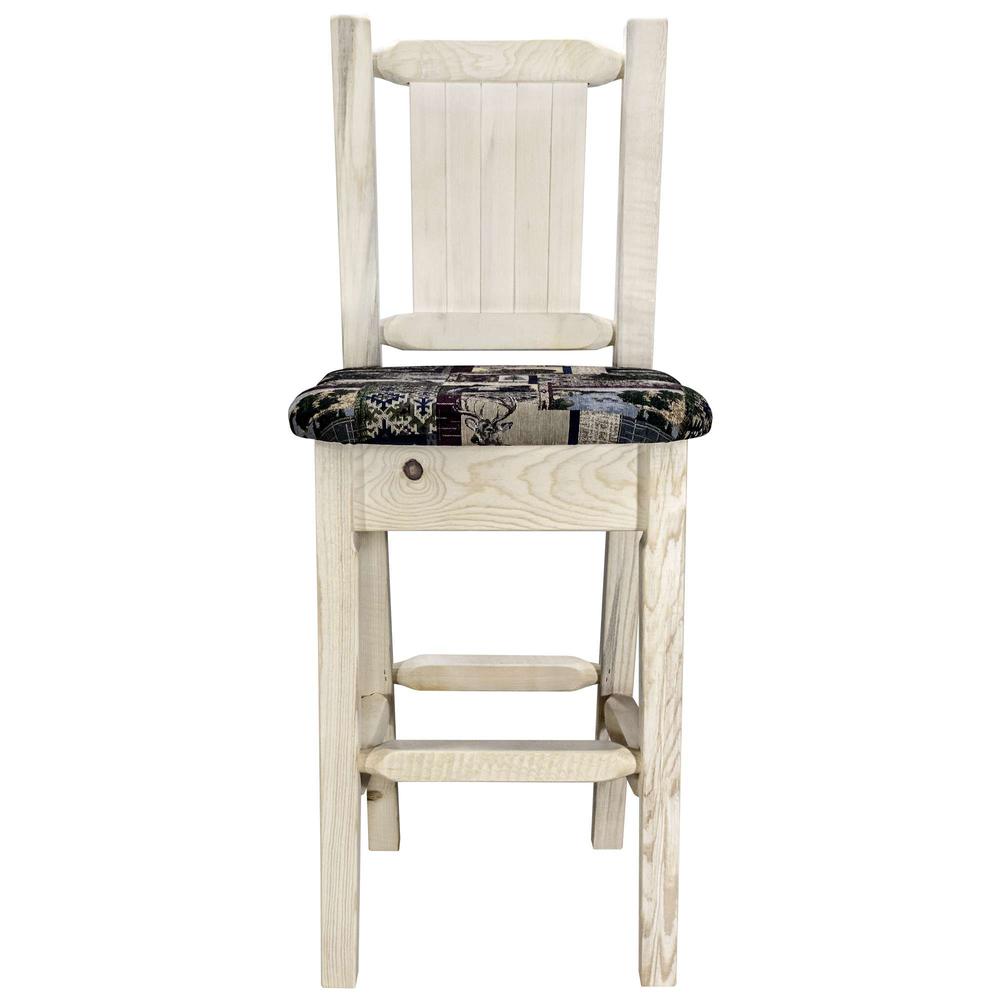 Homestead Collection Barstool w/ Back - Woodland Upholstery, w/ Laser Engraved Bear Design, Clear Lacquer Finish. Picture 4