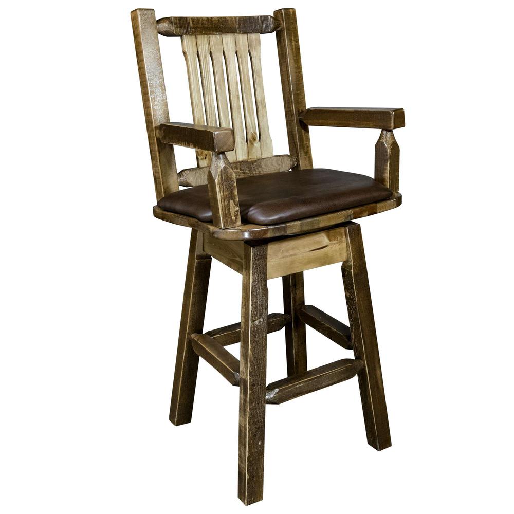 Homestead Collection Counter Height Swivel Captain's Barstool - Saddle Upholstery, Stain & Lacquer Finish. Picture 1