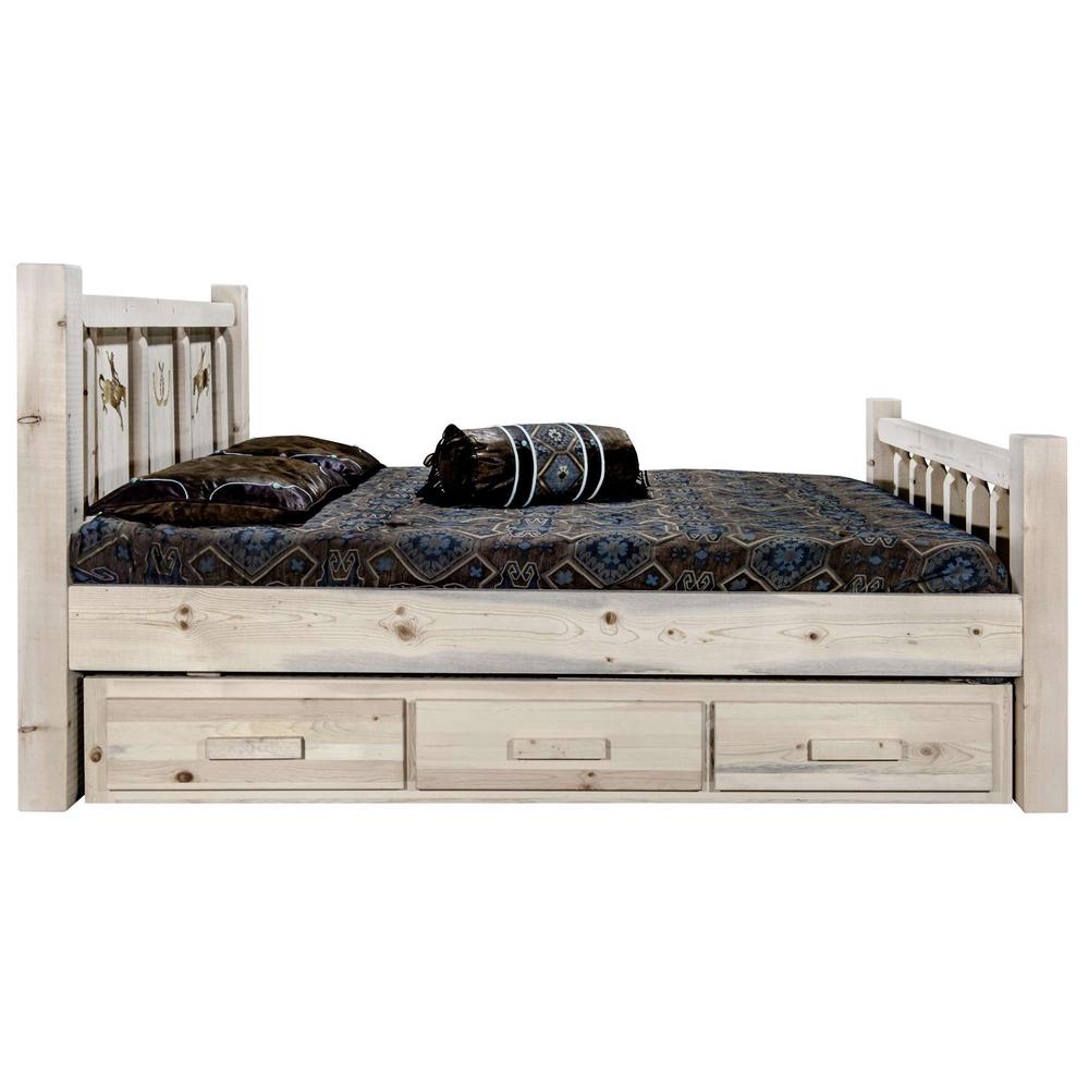 Homestead Collection Twin Storage Bed w/ Laser Engraved Bronc Design, Clear Lacquer Finish. Picture 4