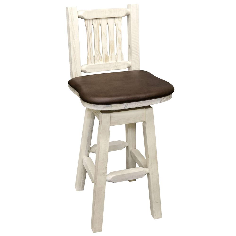 Homestead Collection Barstool w/ Back & Swivel, Clear Lacquer Finish w/ Upholstered Seat, Saddle Pattern. Picture 1