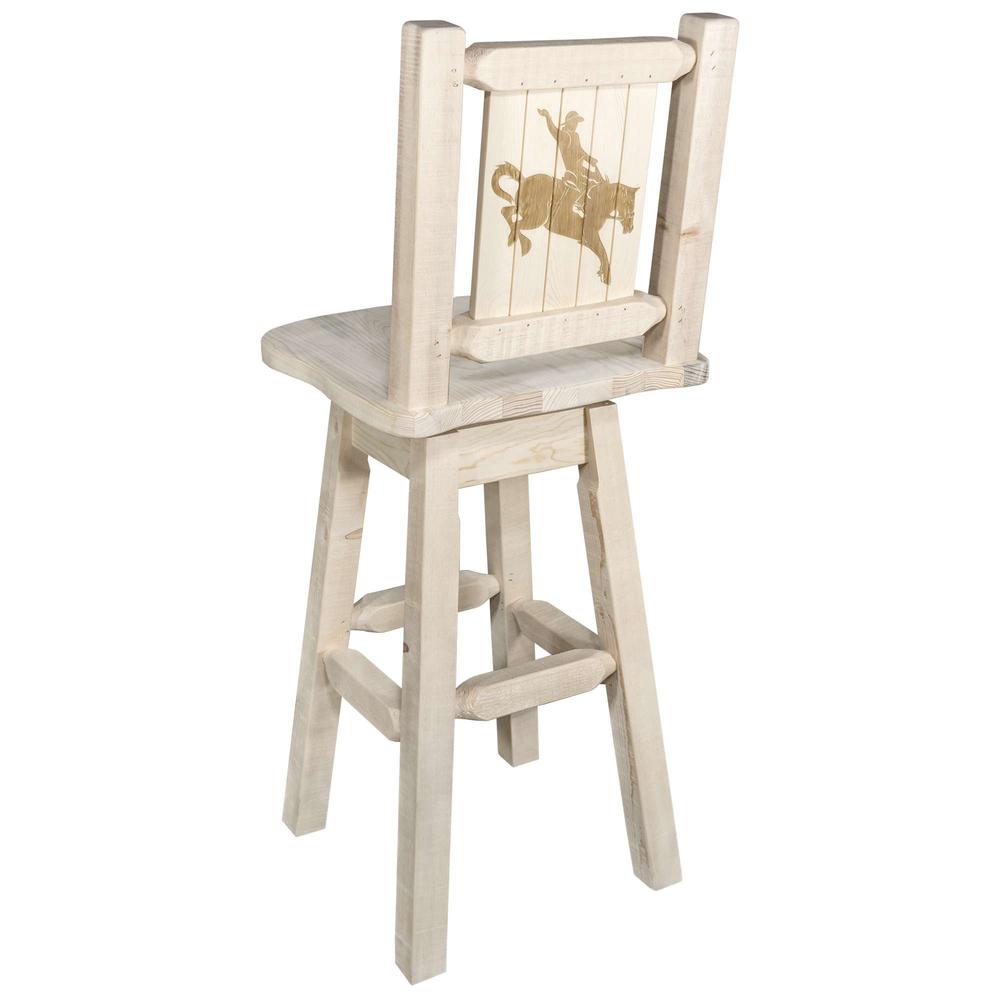 Homestead Collection Barstool w/ Back & Swivel w/ Laser Engraved Bronc Design, Clear Lacquer Finish. Picture 1