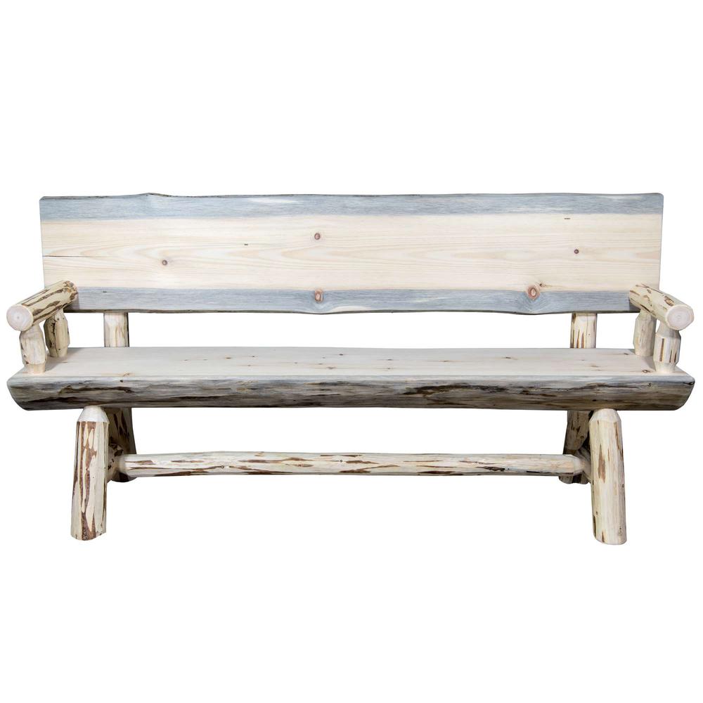Montana Collection Half Log Bench w/ Back & Arms, Clear Lacquer Finish, 6 Foot. Picture 2