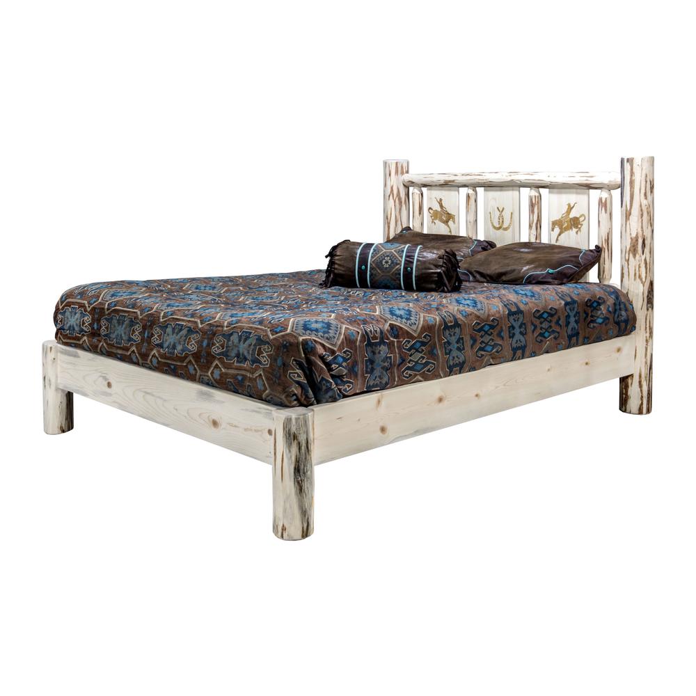 Montana Collection King Platform Bed w/ Laser Engraved Bronc Design, Clear Lacquer Finish. Picture 3