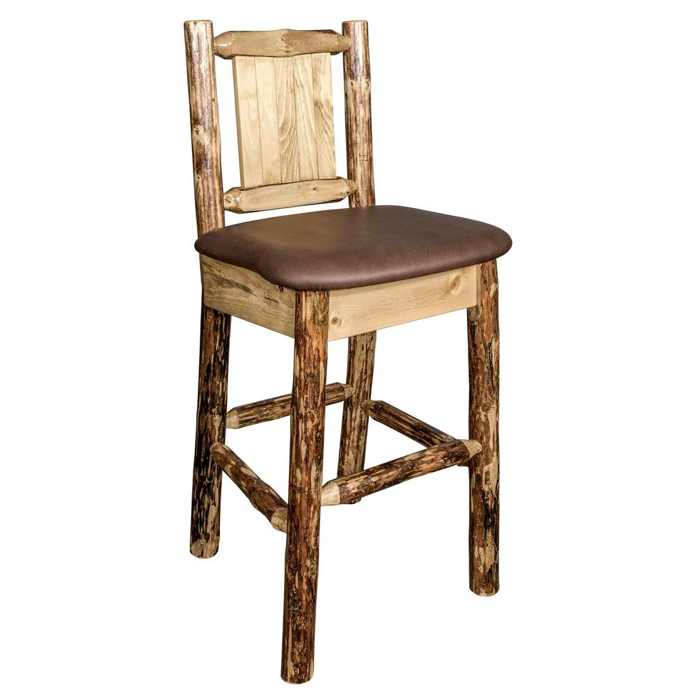 Glacier Country Collection Counter Height Barstool w/ Back - Saddle Upholstery, w/ Laser Engraved Bear Design. Picture 3