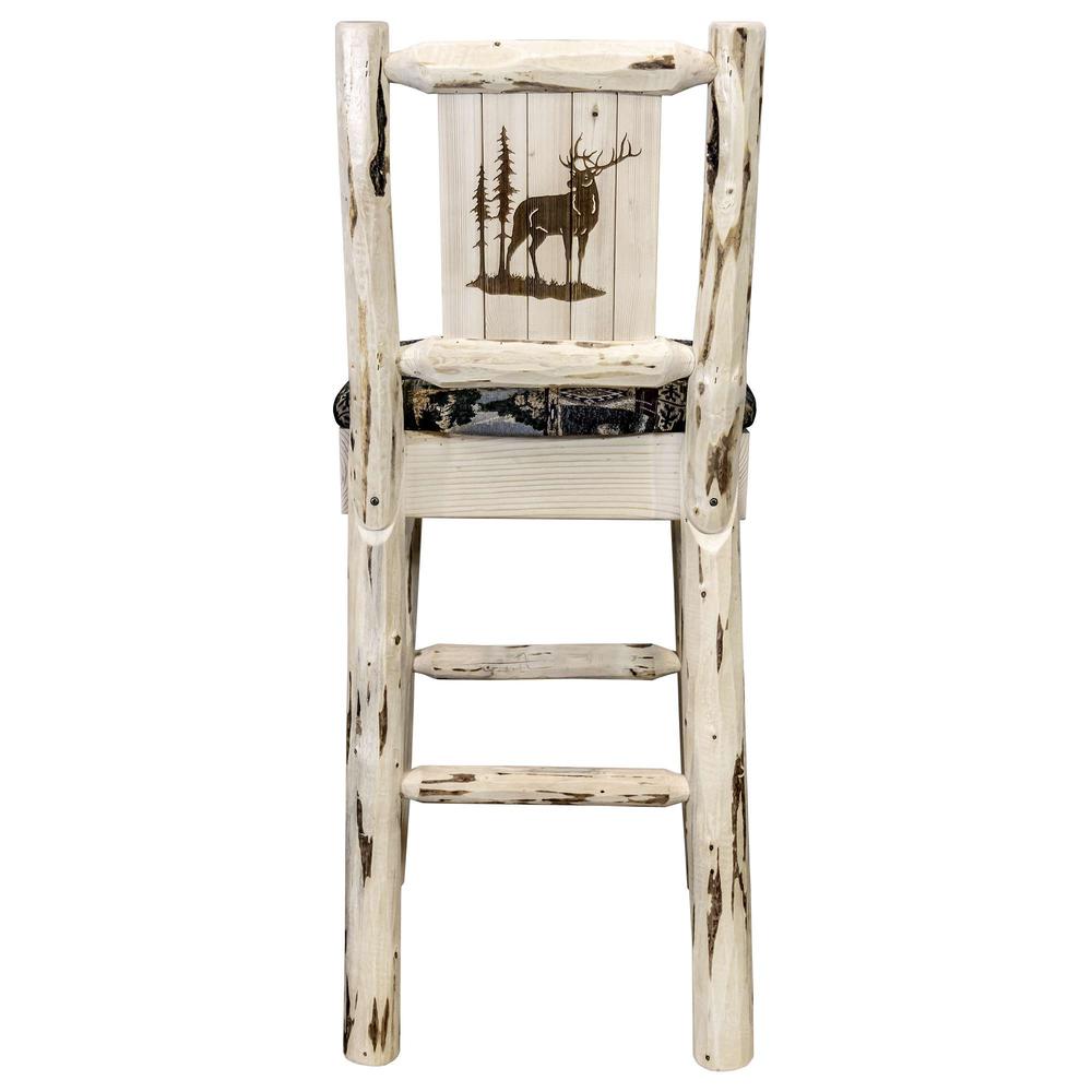 Montana Collection Barstool w/ Back - Woodland Upholstery, w/ Laser Engraved Elk Design, Clear Lacquer Finish. Picture 2