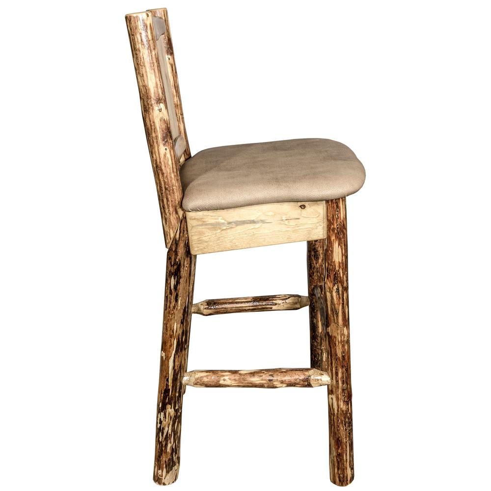 Glacier Country Collection Counter Height Barstool w/ Back - Buckskin Upholstery, w/ Laser Engraved Bear Design. Picture 5
