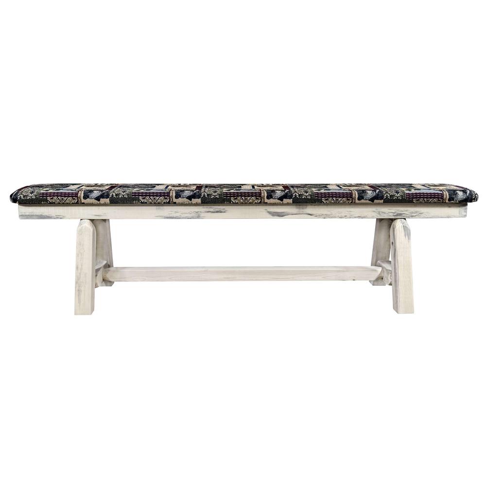 Homestead Collection Plank Style Bench, Clear Lacquer Finish,  6 Foot w/ Woodland Upholstery. Picture 2
