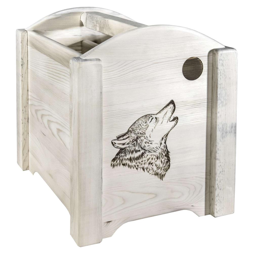 Homestead Collection Magazine Rack w/ Laser Engraved Wolf Design, Clear Lacquer Finish. Picture 1