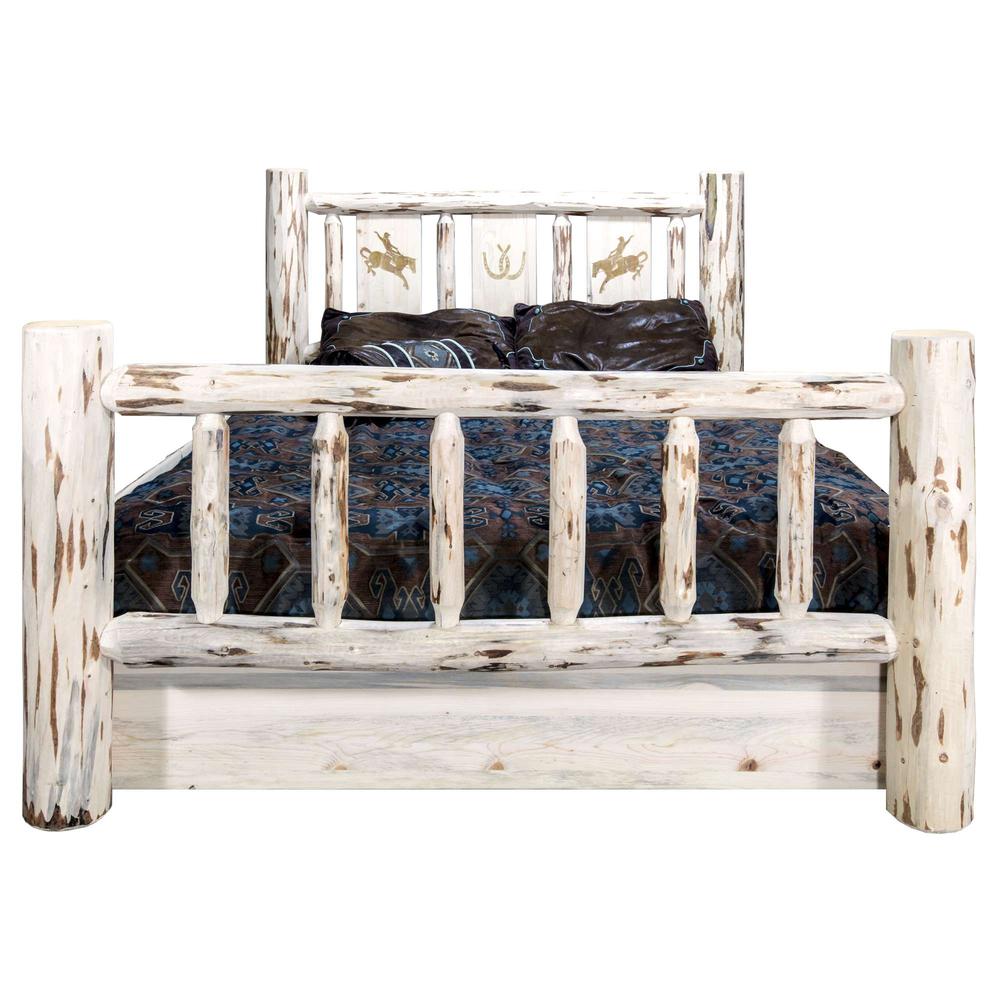 Montana Collection California King Storage Bed w/ Laser Engraved Bronc Design, Clear Lacquer Finish. Picture 2