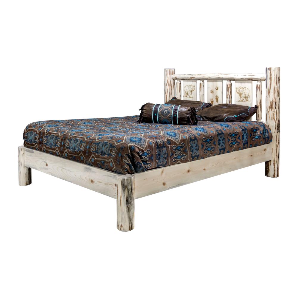 Montana Collection Full Platform Bed w/ Laser Engraved Bear Design, Clear Lacquer Finish. Picture 3