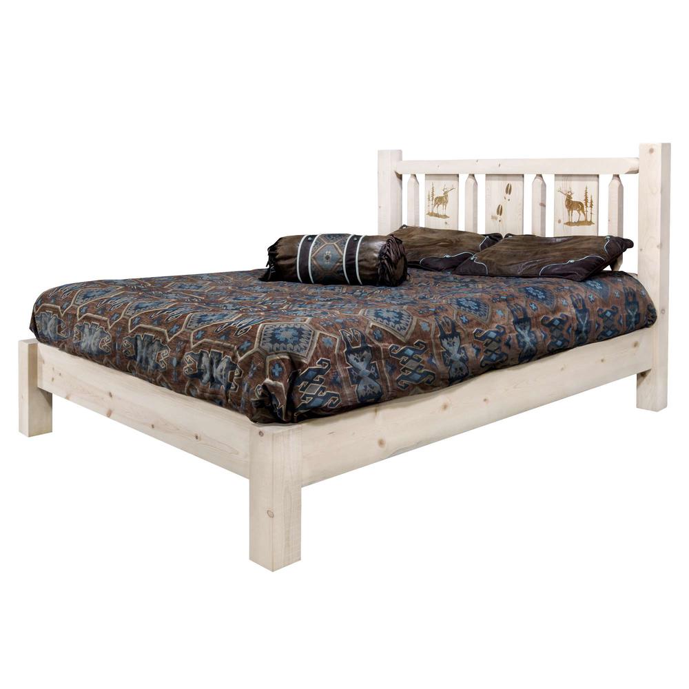 Homestead Collection Queen Platform Bed w/ Laser Engraved Elk Design, Clear Lacquer Finish. Picture 3