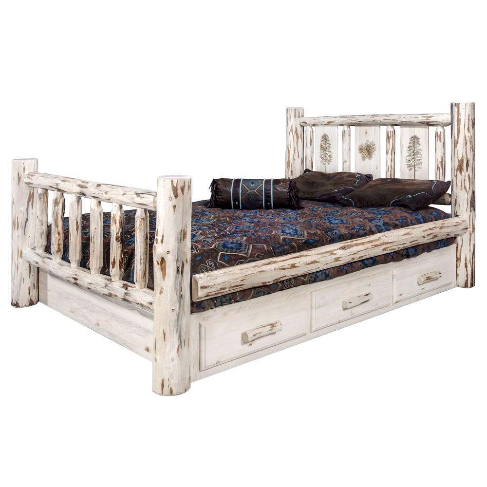 Montana Collection King Storage Bed w/ Laser Engrave Pine Design, Clear Lacquer Finish. Picture 3