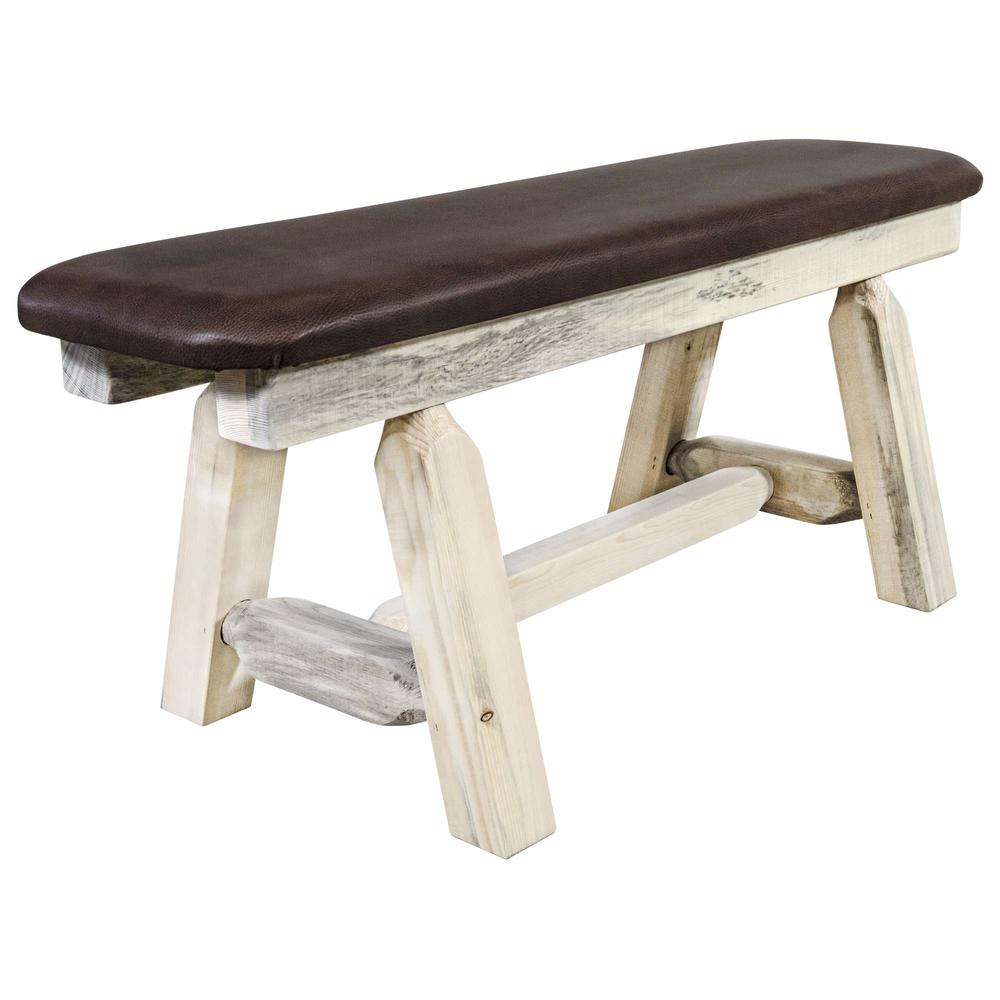 Homestead Collection Plank Style Bench, Clear Lacquer Finish, 45 Inch w/ Saddle Upholstery. Picture 1