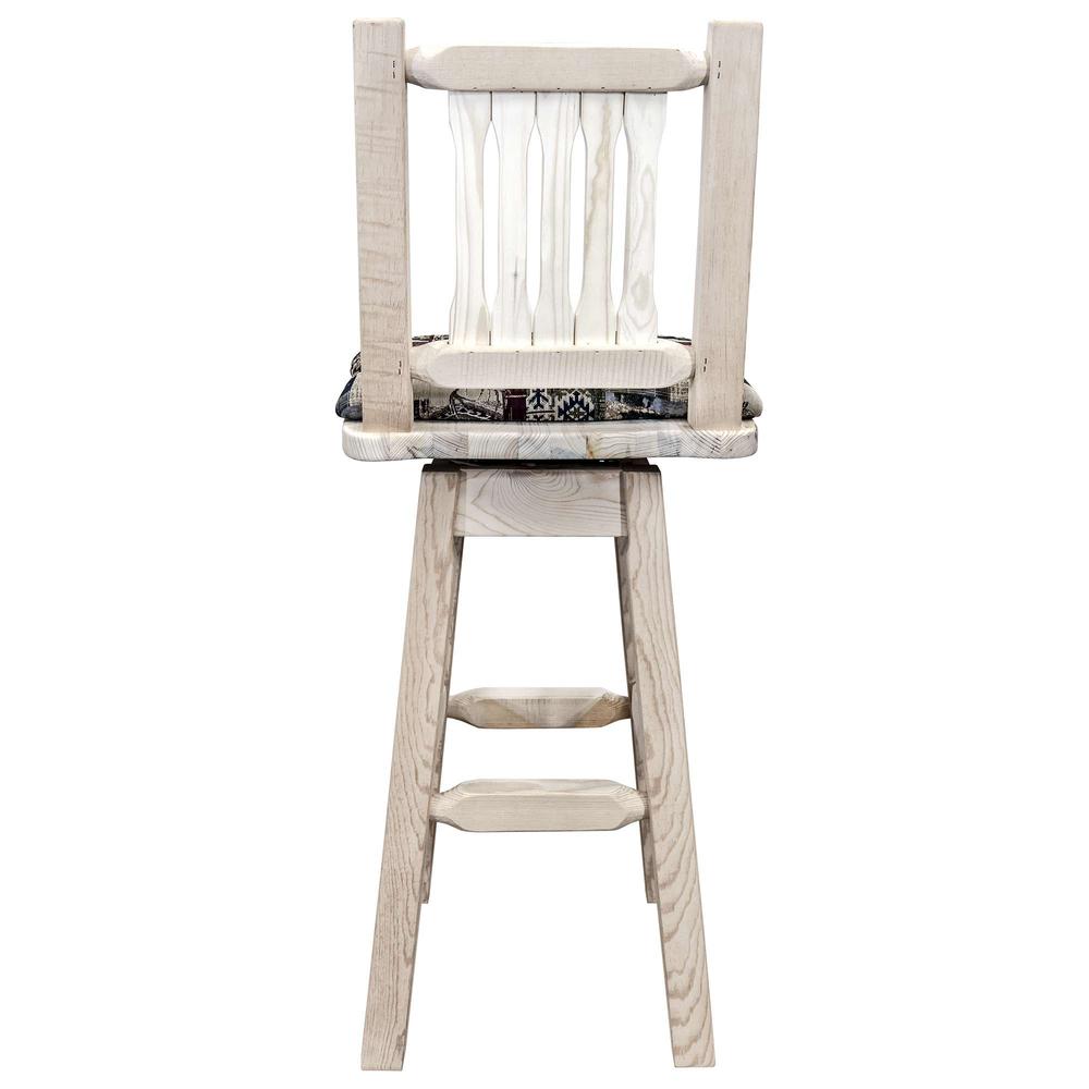 Homestead Collection Barstool w/ Back & Swivel, Clear Lacquer Finish w/ Upholstered Seat, Woodland Pattern. Picture 5