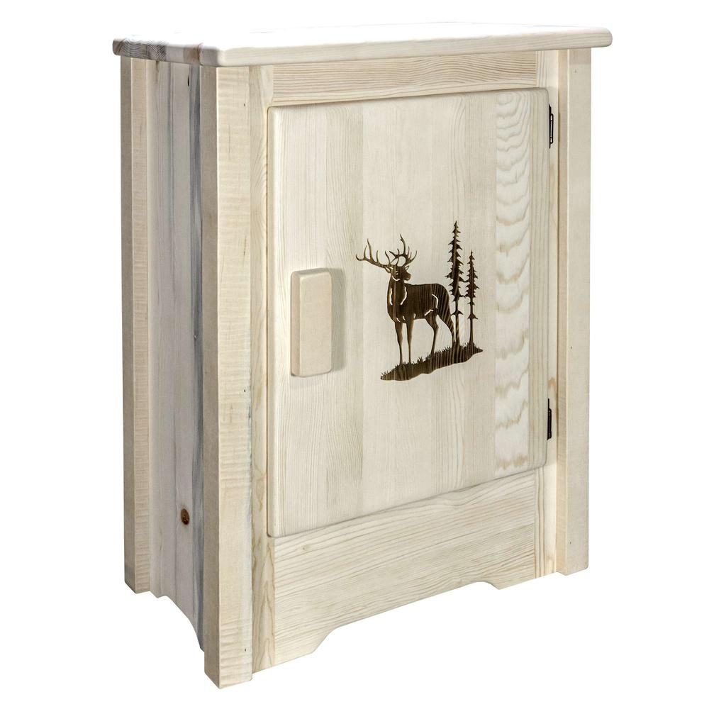 Homestead Collection Accent Cabinet w/ Laser Engraved Elk Design, Right Hinged, Clear Lacquer Finish. Picture 3