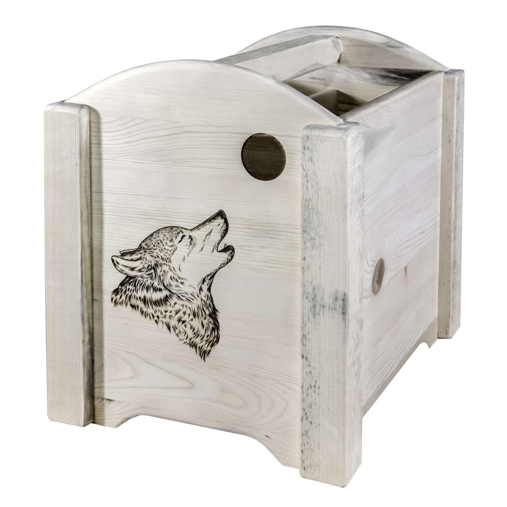 Homestead Collection Magazine Rack w/ Laser Engraved Wolf Design, Clear Lacquer Finish. Picture 3