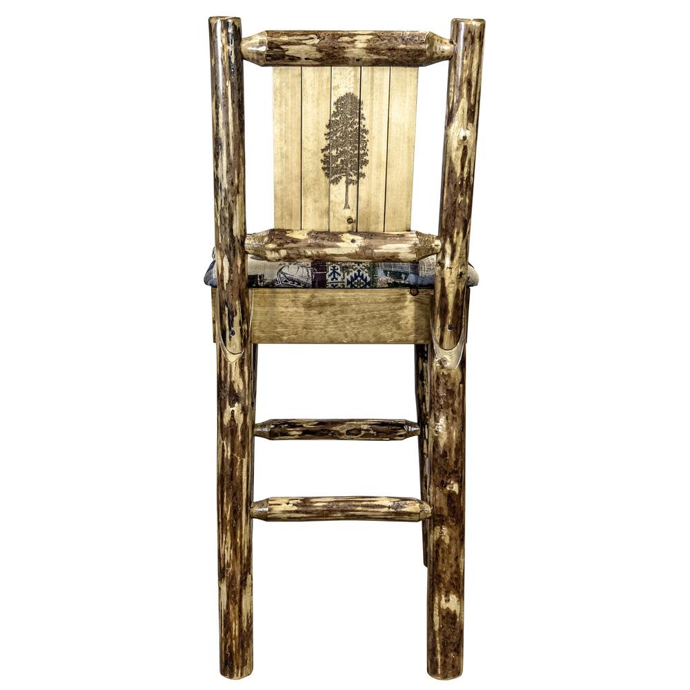Glacier Country Collection Counter Height Barstool w/ Back - Woodland Upholstery, w/ Laser Engraved Pine Tree Design. Picture 2