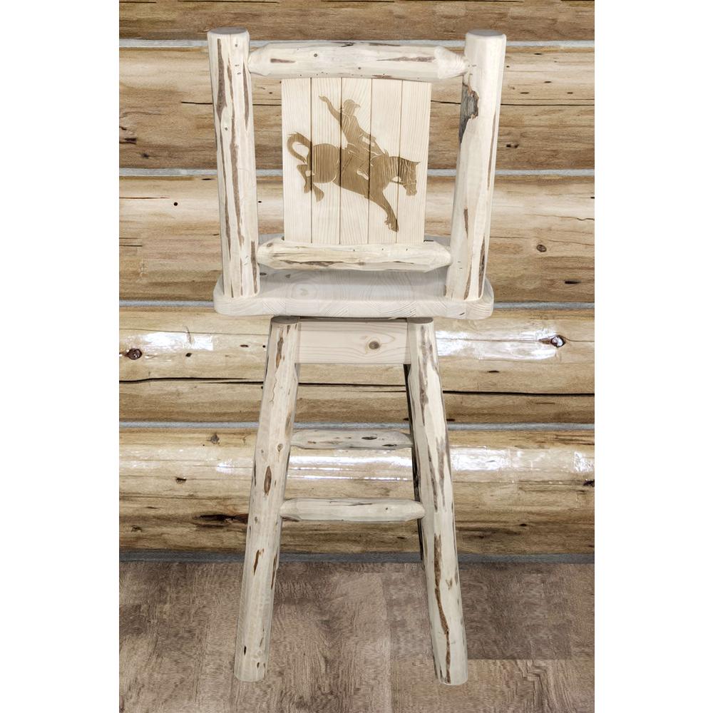 Montana Collection Counter Height Barstool w/ Back & Swivel w/ Laser Engraved Bronc Design, Clear Lacquer Finish. Picture 6