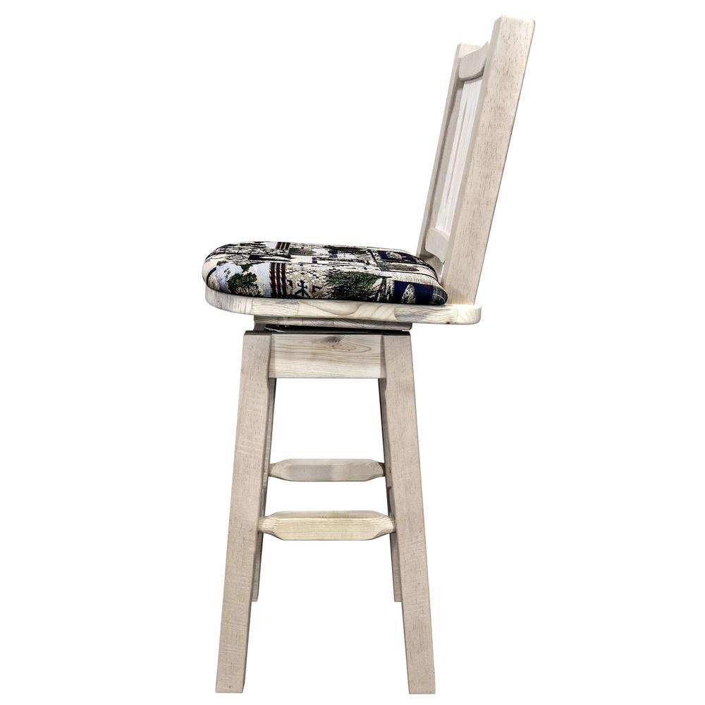 Homestead Collection Barstool w/ Back & Swivel, Clear Lacquer Finish w/ Upholstered Seat, Woodland Pattern. Picture 3