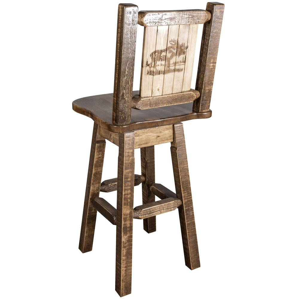 Homestead Collection Counter Height Barstool w/ Back & Swivel w/ Laser Engraved Moose Design, Stain & Lacquer Finish. Picture 1
