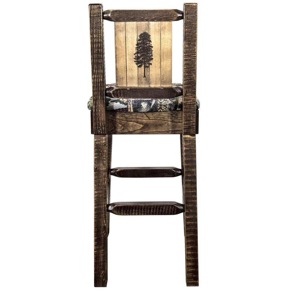 Homestead Collection Counter Height Barstool w/ Back - Woodland Upholstery, w/ Laser Engraved Pine Tree Design. Picture 2