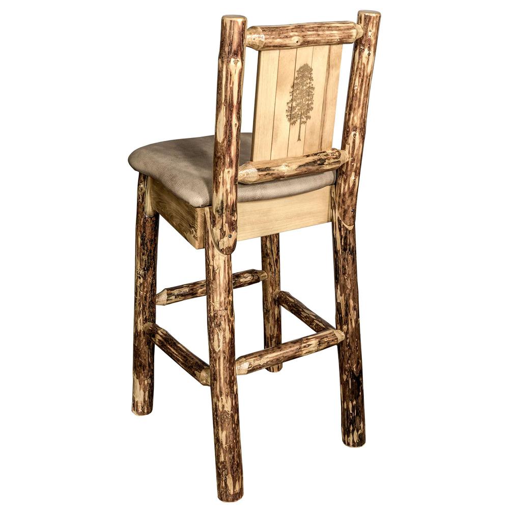 Glacier Country Collection Counter Height Barstool w/ Back - Buckskin Upholstery, w/ Laser Engraved Pine Tree Design. Picture 1