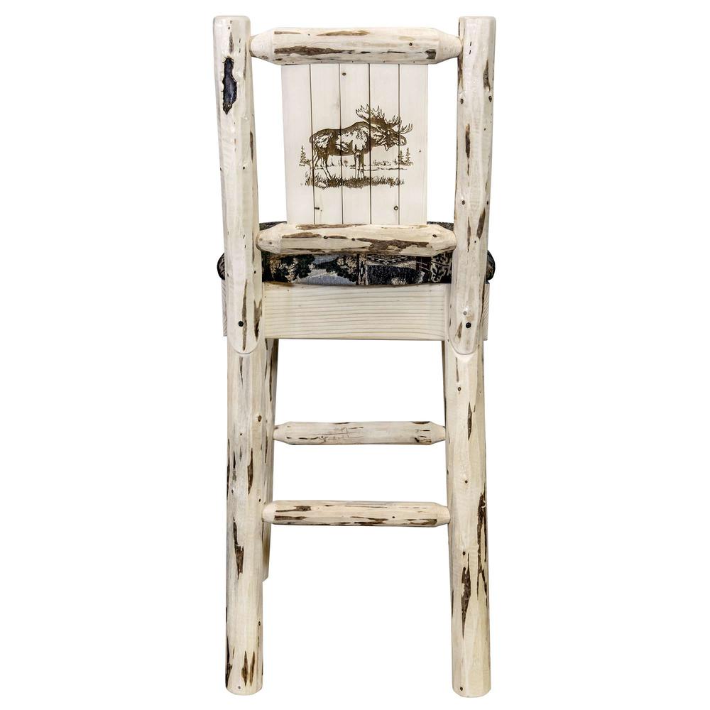 Montana Collection Barstool w/ Back - Woodland Upholstery, w/ Laser Engraved Moose Design, Clear Lacquer Finish. Picture 2