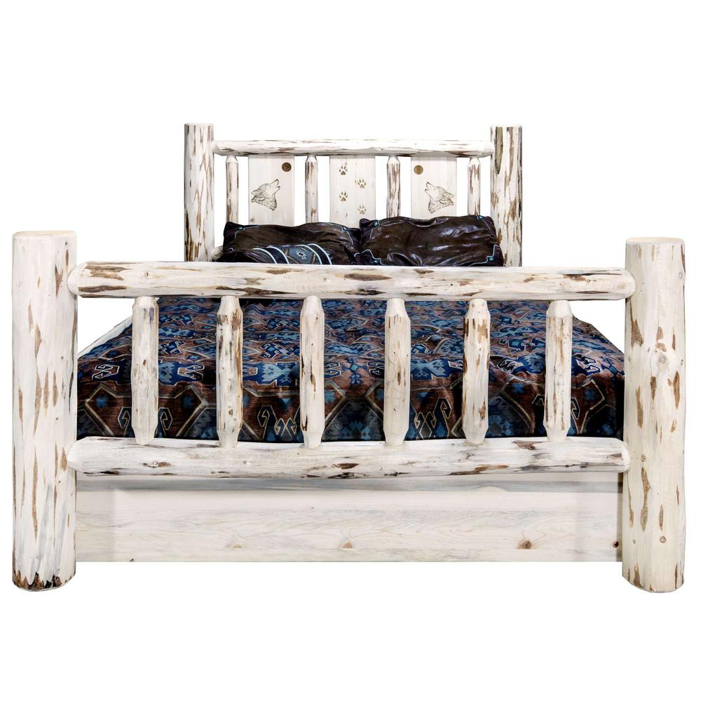 Montana Collection Queen Storage Bed w/ Laser Engraved Wolf Design, Clear Lacquer Finish. Picture 2