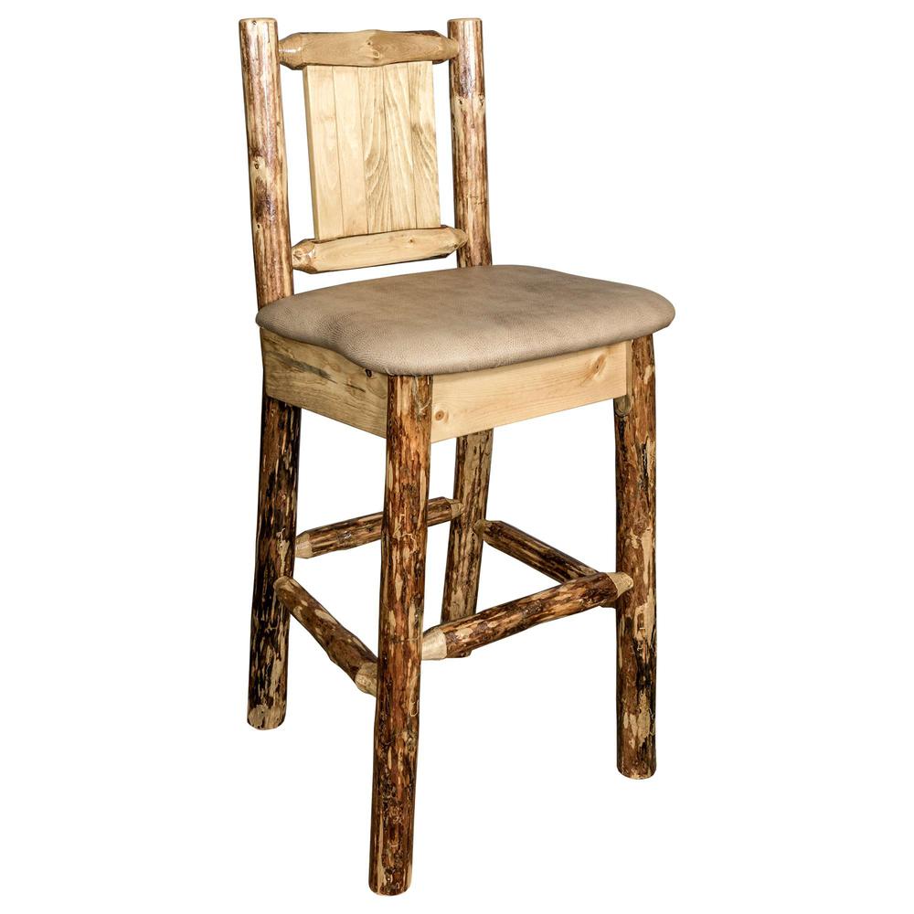Glacier Country Collection Counter Height Barstool w/ Back - Buckskin Upholstery, w/ Laser Engraved Pine Tree Design. Picture 3