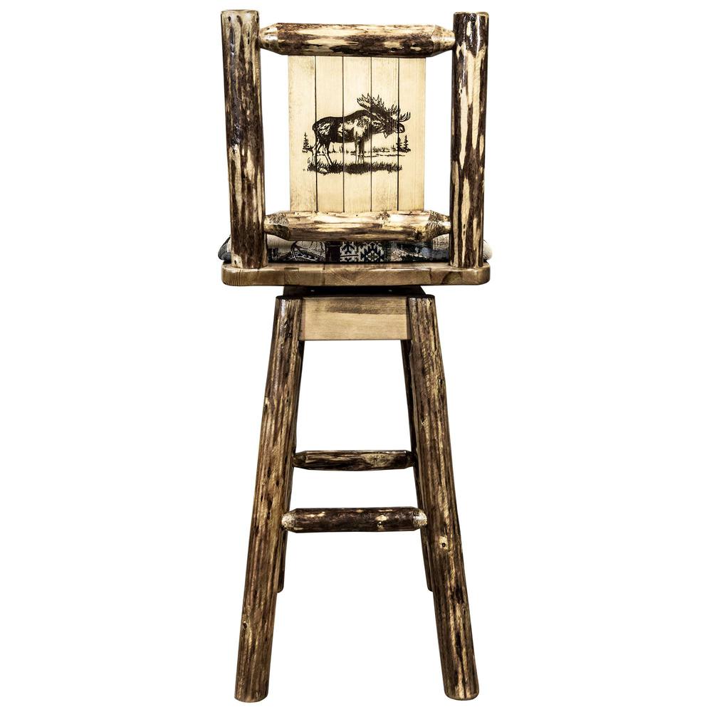 Glacier Country Collection Counter Height Barstool w/ Back & Swivel, Woodland Upholstery w/ Laser Engraved Moose Design. Picture 2