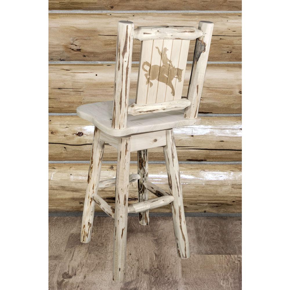 Montana Collection Counter Height Barstool w/ Back & Swivel w/ Laser Engraved Bronc Design, Clear Lacquer Finish. Picture 5