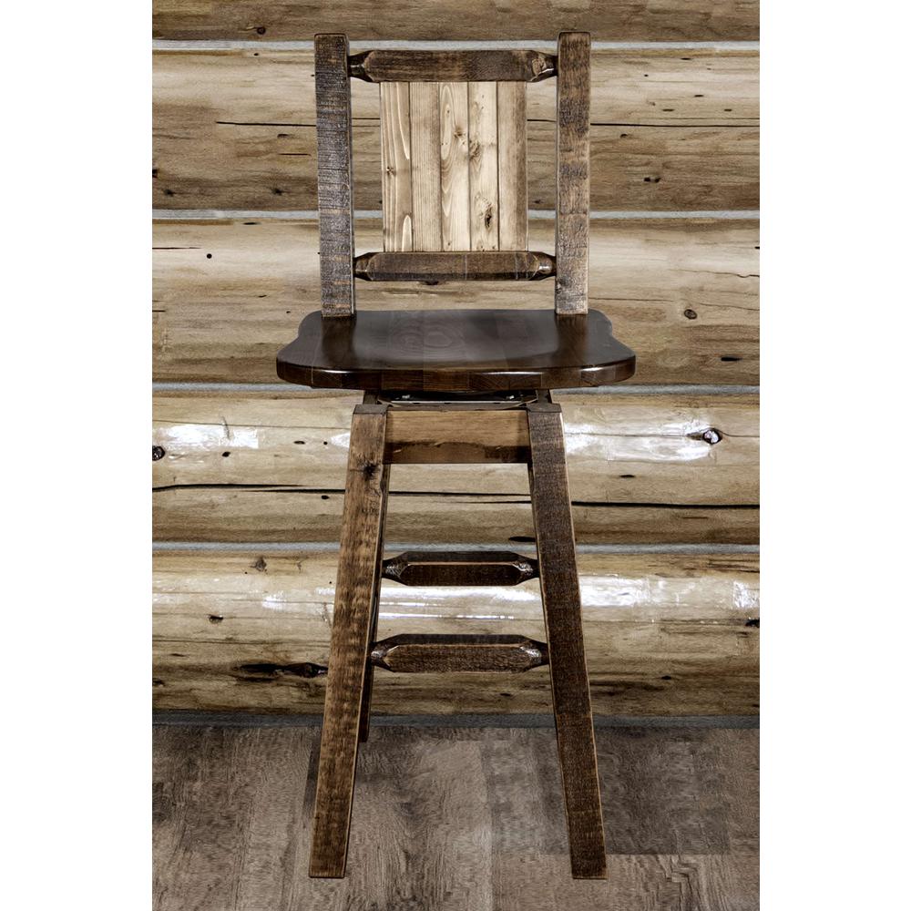Homestead Collection Counter Height Barstool w/ Back & Swivel w/ Laser Engraved Moose Design, Stain & Lacquer Finish. Picture 9
